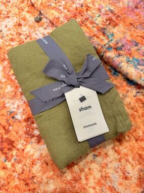 West Elm European Flax Linen Sham Standard Olive Green Box Stitch NWT